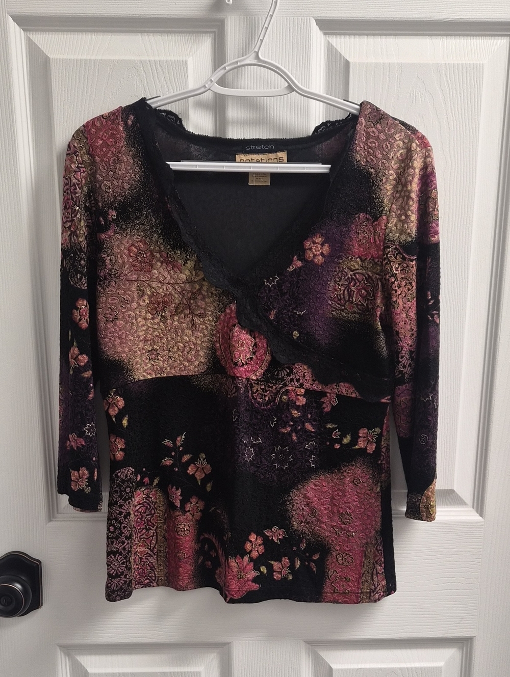 Black Purple Pink Gold Floral Lace-Trim V-Neck Whimsigoth Boho Grunge Top